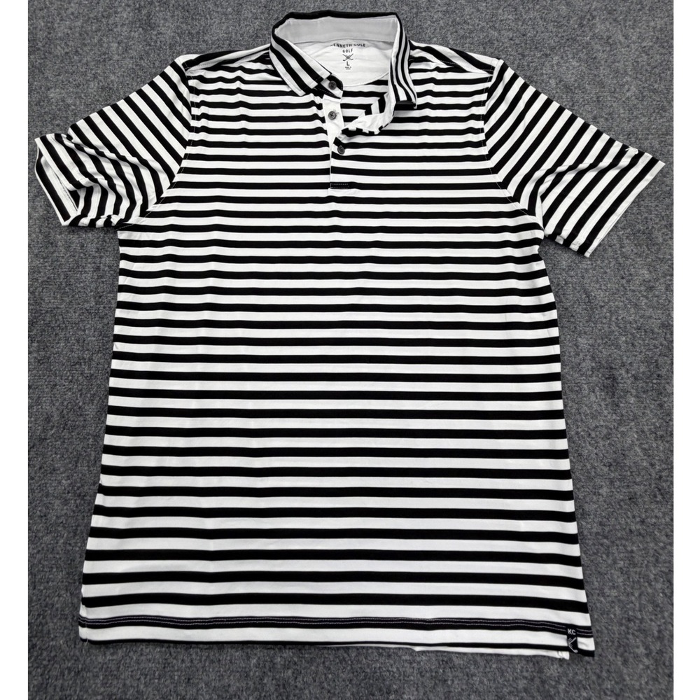 Kenneth Cole Golf Polo Shirt Mens Large Black White Striped Short Sleeve L